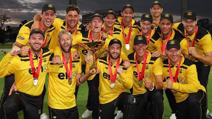 PERTH, AUSTRALIA - MARCH 08: Western Australia celebrate with the trophy after winning the Marsh One Day Cup Final match between Western Australia and South Australia at the WACA, on March 08, 2023, in Perth, Australia. (Photo by Paul Kane/Getty Images)