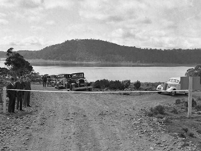 The opening of the Marlborough Road connecting Great Lake and Bronte in 1937. Picture shows the new road where it joined the road to Launceston, on the left, and Hobart on the right. Mercury Historical Archive Collection