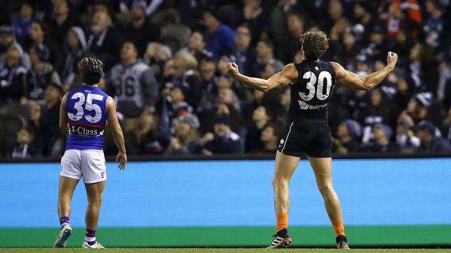 Charlie Curnow celebrates one of his seven goals against the Dogs.