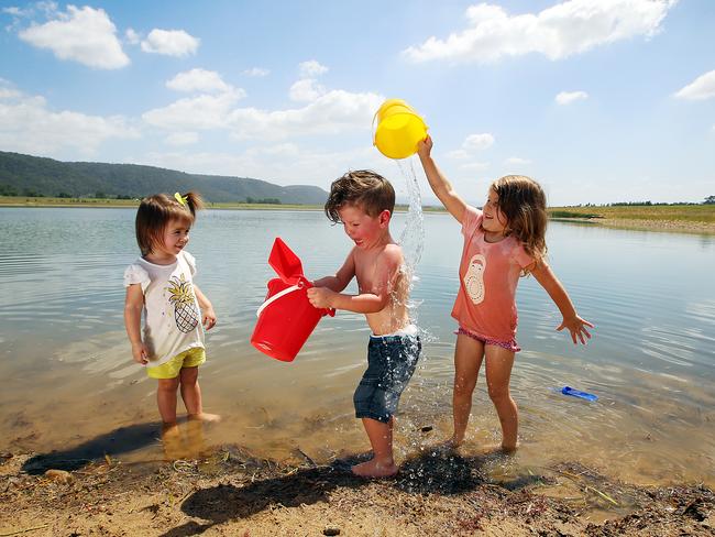 Briar Buerckner, Braxton Sinclair and Kailee Morton enjoy Penrith Lakes after being granted special access. Picture: Sam Ruttyn