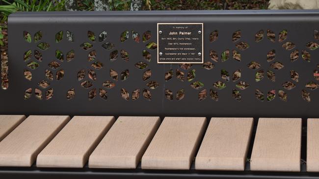 The memorial bench unveiled in memory of Rockhampton's first mayor John Palmer.