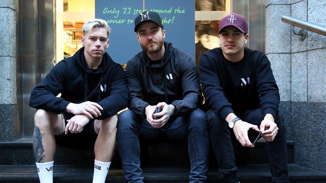 Lee Cuthbert, Paul O'Shaughnessy and Alex Roberts after helping restrain a knife-wielding attacker in Sydney CBD. Picture: Jane Dempster