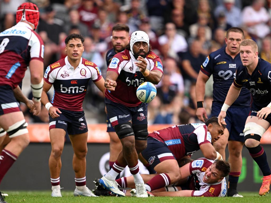 Queensland’s Seru Uru connects with his teammates. Picture: Getty Images