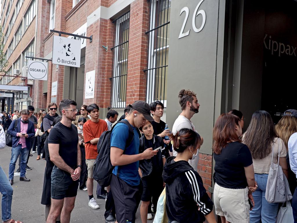 Dozens of Sydneysiders pictured lined up outside an open-for-inspection rental apartment in Surry Hills. Picture: Nicholas Eagar