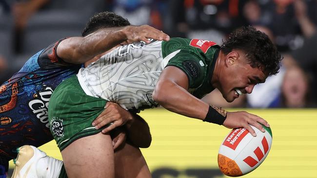 SYDNEY, AUSTRALIA - FEBRUARY 15: Jacob Laban of the Maori All Stars scores a try during the Men's NRL All Stars match between Indigenous and Maori at CommBank Stadium on February 15, 2025 in Sydney, Australia. (Photo by Matt King/Getty Images)