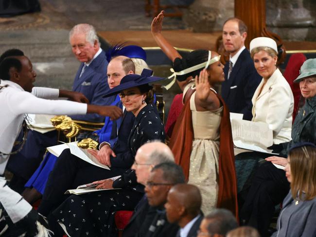 The royals watch dancers perform at the annual Commonwealth Day Service at Westminster Abbey. Picture: Hannah McKay – WPA Pool/ Getty Images.