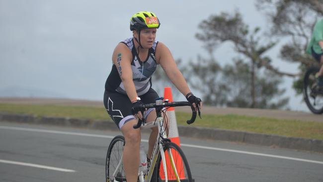 Mikaela Shephard rides in the sprint event at the 2023 Mooloolaba Triathlon.