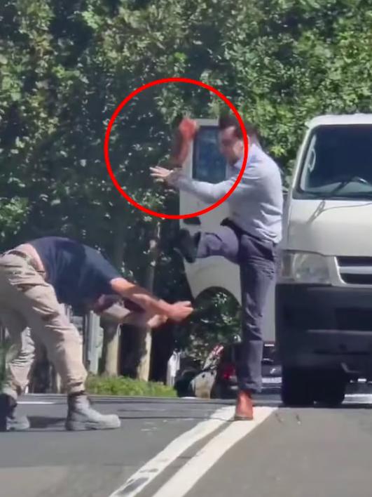 The businessman’s boot flew off his foot when he attempted a kick. Picture: Instagram
