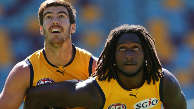 Scott Lycett and Nic Naitanui during West Coast Eagles training. Picture: Darren England.