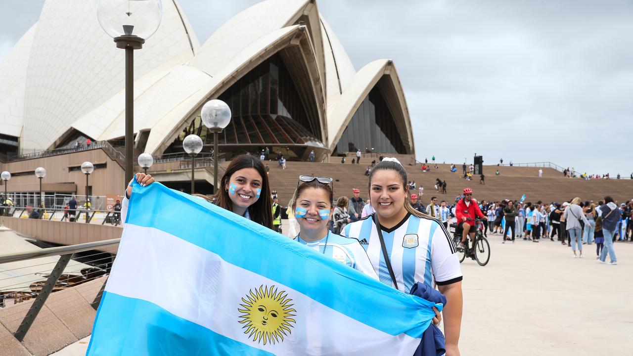 Argentinian fans Vera Joya, Delia Torbiano and Caroline Giacos couldn't contain their excitement over their historic victory. S Picture: NCA NewsWire / Gaye Gerard