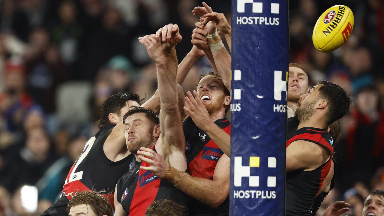 The Bombers defenders attempted to spoil the ball. Picture: Daniel Pockett/Getty Images