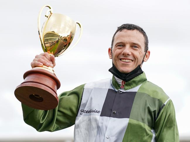 Brett Prebble after winning Carlton Draught Caulfield Cup aboard Incentivise at Caulfield Racecourse on October 16, 2021 in Caulfield, Australia. (Scott Barbour/Racing Photos via Getty Images)