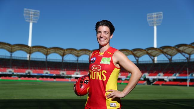 GOLD COAST, AUSTRALIA - FEBRUARY 18: Sam Virgo of the Suns poses during a media opportunity ahead of this weekend's Q Clash at Metricon Stadium on February 18, 2020 in Gold Coast, Australia. (Photo by Chris Hyde/Getty Images)