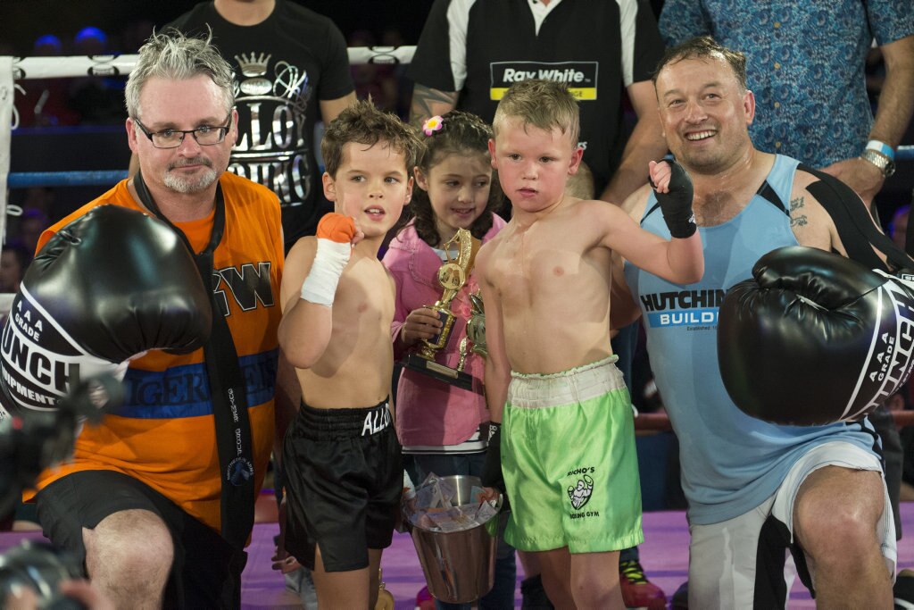 Fundraising bout participants John Geiger, Adrian Young, Junior Richards and Nick Barker with Charlotte Grice (centre) at Smithy and TGW Bring The Big Fights 14 at Rumours International, Saturday, October 22, 2016. Picture: Kevin Farmer