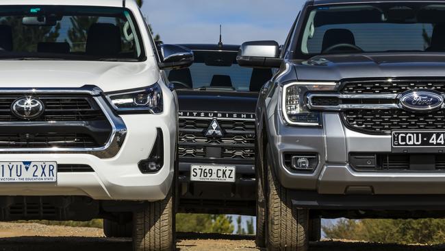 Toyota HiLux, Mitsubishi Triton and Ford Ranger utes. Photo: Mark Bean