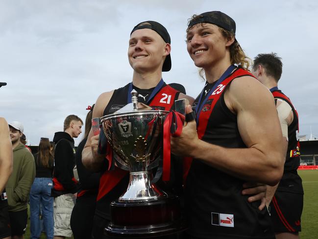 Harvey Griffiths (right) with Bombers teammate Blade Sulzberger after their grand final win over Lauderdale. Picture: Nikki Davis-Jones