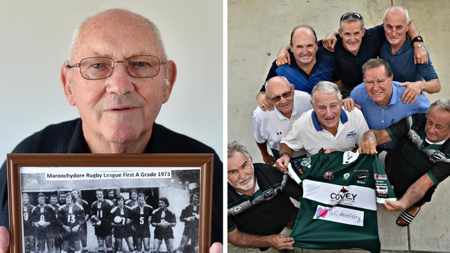 (Left) Sid Page holding a photo of the first ever Maroochydore Swans team, (Right) Maroochydore Swans president Paul McMillan, Sid Page, Ian Massie, Greg Rogerson and John Redwood. Back: Benny Pike, Glen Rogerson and Paul Thomas.