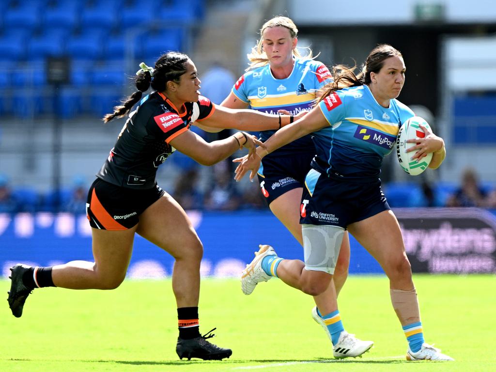 Evania Pelite of the Titans breaks away from the defence during the round seven NRLW match between the Gold Coast Titans and Wests Tigers. Picture: Getty Images