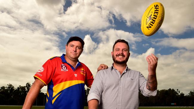Northern Beaches Suns AFL club president mark Boardman with Herbert MP Phil Thompson at the Green in Burdell. Picture: Evan Morgan