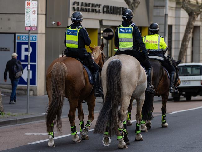 MELBOURNE, AUSTRALIA - NewsWire Photos - 22 AUGUST, 2024: The mounted branch of Victoria Police is seen patrolling the streets of Melbourne. Picture: NewsWire / Diego Fedele