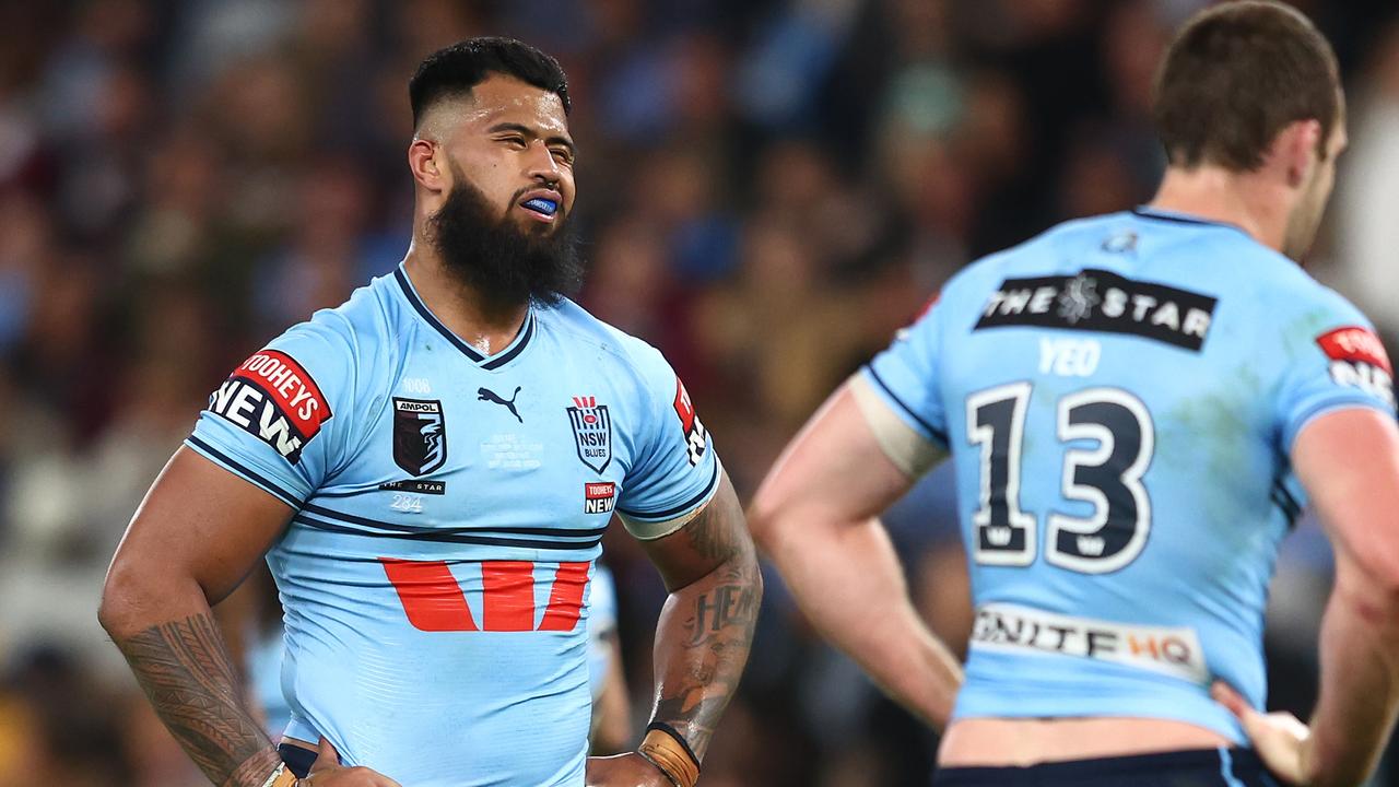 BRISBANE, AUSTRALIA – JUNE 21: Payne Haas of the Blues reacts during game two of the State of Origin series between the Queensland Maroons and the New South Wales Blues at Suncorp Stadium on June 21, 2023 in Brisbane, Australia. (Photo by Chris Hyde/Getty Images)