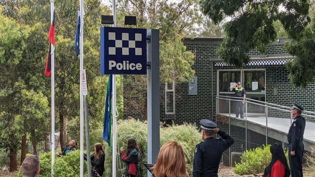 Police members and guests during the raising of the Indigenous, Australian and Torres Strait Islander flags at Warrandyte Police Station for the first time. Picture: Kiel Egging.