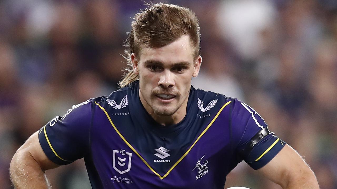 Ryan Papenhuyzen scored four tries in 11 minutes against the Broncos on Friday night. Picture: Darrian Traynor/Getty Images