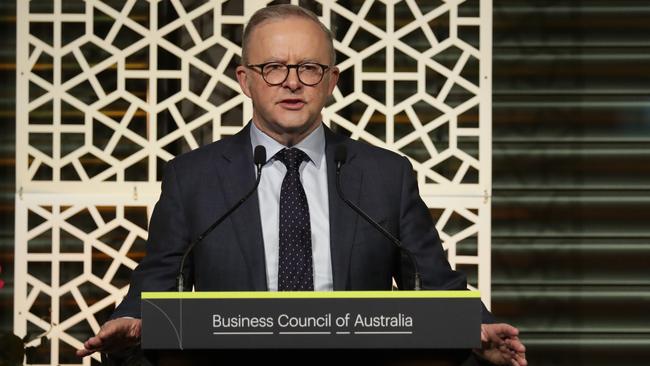 Prime Minister Anthony Albanese addresses the Business Council of Australia’s annual dinner in Sydney. Picture: NewsWire / Christian Gilles