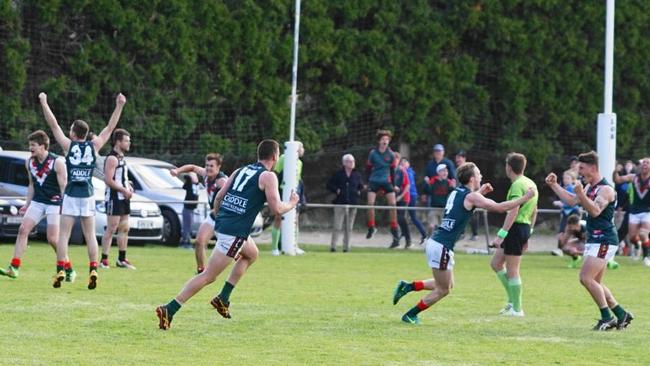 Blackwood players celebrate Hahndorf's miss after the siren in the Hills Football League grand final.