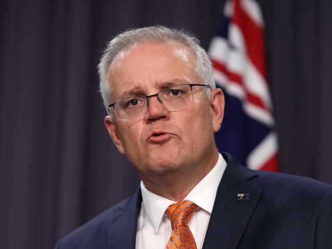 CANBERRA, AUSTRALIA - NewsWire Photos APRIL, 08, 2021:  Prime Minister Scott Morrison during a late press conference at Parliament House in Canberra.Picture: NCA NewsWire/Gary Ramage