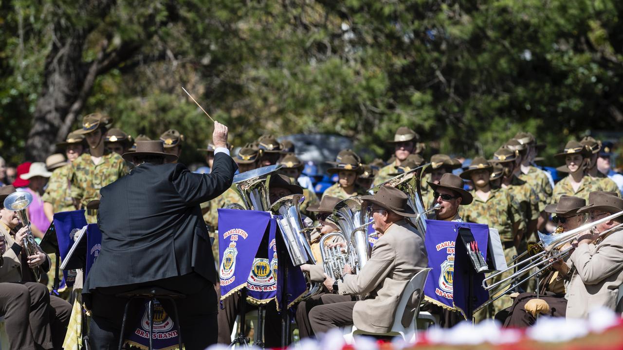 Harlaxton RSL Brass Band at the Anzac Day Toowoomba mid-morning Service of Remembrance at the Mothers' Memorial, Tuesday, April 25, 2023. Picture: Kevin Farmer