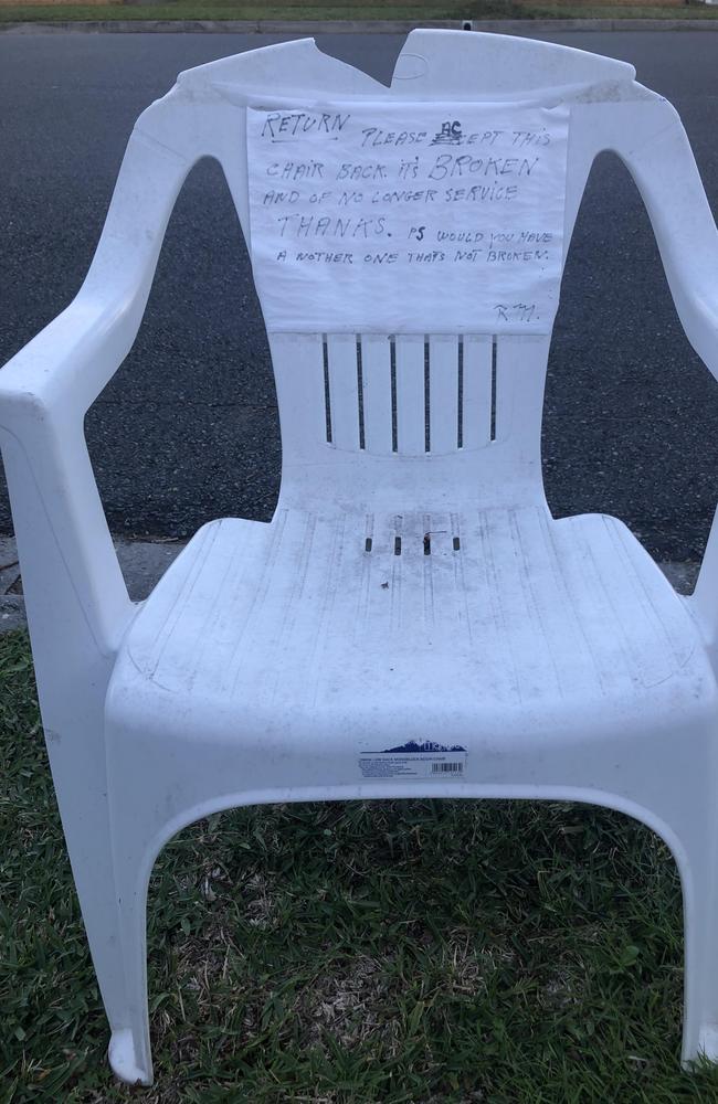 The plastic chair which was returned to a north Brisbane footpath, after being taken during last year's kerbside collection.