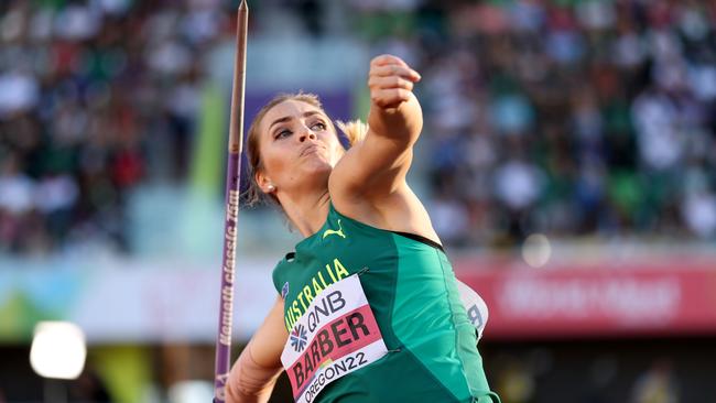 Kelsey-Lee Barber unleashes a javelin throw at the World Athletics Championships. (Photo by Ezra Shaw/Getty Images)