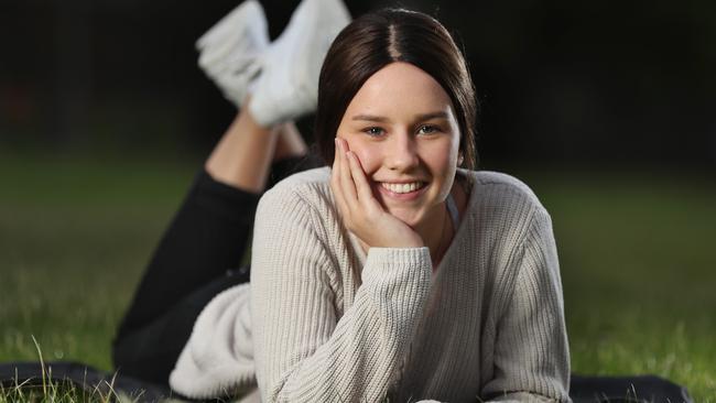 Olivia Phelan is in remission from ependymoma — a form of brain cancer where malignant cancer cells form in the brain and spinal cord tissues. Picture: Alex Coppel.