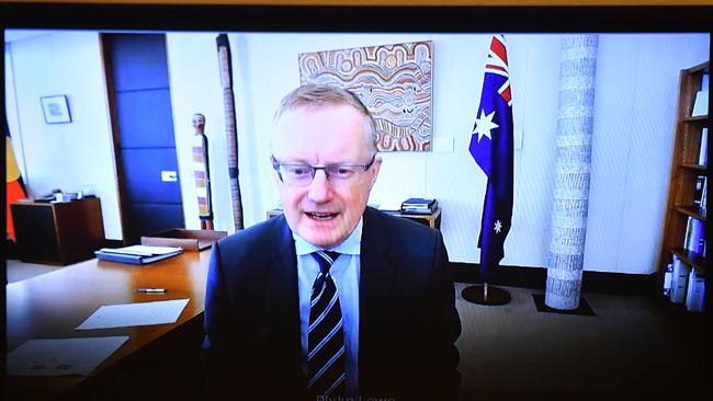 Reserve Bank of Australia Governor Philip Lowe appears by video link at a Senate in May.