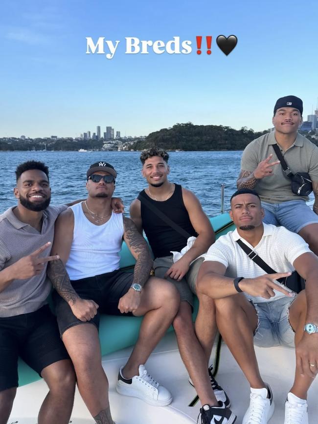 Spencer Leniu with his former Penrith teammates on a harbour cruise for his bucks party.