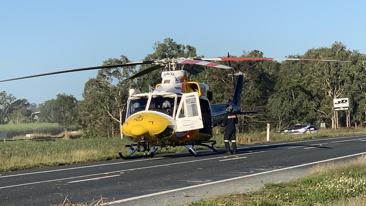 A teen has been rushed to Mackay Base Hospital in the RACQ CQ Rescue chopper after a crash on the Bruce Highway at Pindi Pindi, north of Mackay. Three vehicles collided near roadworks about 2.35pm Friday, July 16. Picture: Lillian Watkins