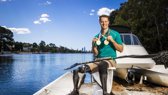 Curtis McGrath with his gold medals after the 2016 Paralympics. Picture: Nigel Hallett