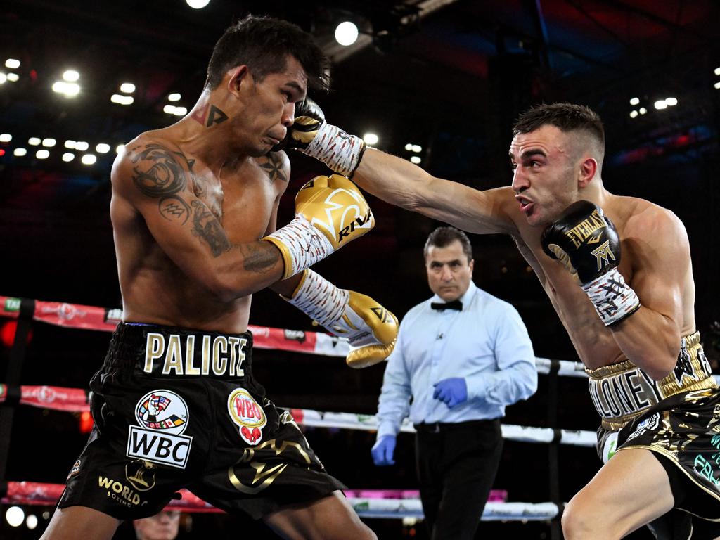 Jason Moloney of Australia (R) fights with Aston Palicte of the Philippines (L) during their World Boxing Council (WBC) silver bantamweight and the vacant World Boxing Organization (WBO) International bantamweight championship title fight in 2022. Picture: AFP