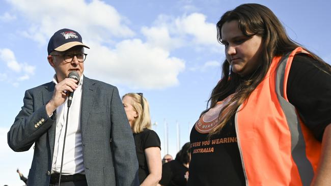 CANBERRA, Australia, NewsWire Photos. April 28, 2024: Prime Minister Anthony Albanese speaking with No More! event organiser Sarah Williams on right during the  National Rally Against Violence march in Canberra, as 29 Women have been killed as a result of violence by men already this year.: NCA NewsWire / Martin Ollman