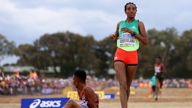 Tsigie Gebreselama of Team Ethiopia crosses the finish line.