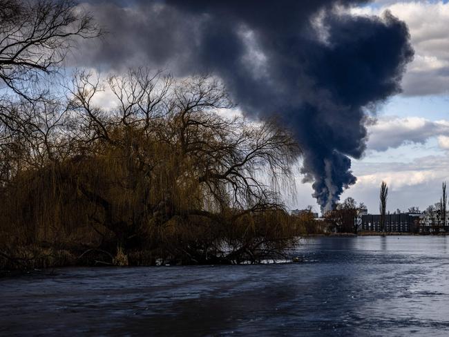 Smoke billows over the town of Vasylkiv just outside Kyiv. Picture: AFP