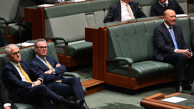 Prime Minister Malcolm Turnbull, Minister for Defence Industry Christopher Pyne and former minister for Home Affairs Peter Dutton. Picture: AAP