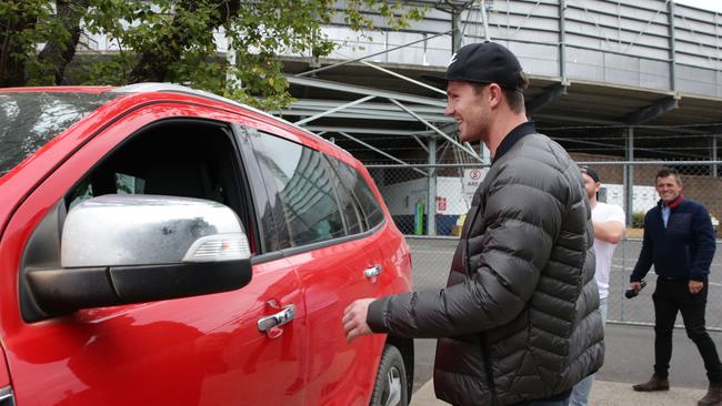 Patrick Dangerfield tries to make a fast getaway from waiting reporters outside GMHBA Stadium. Picture: Peter Ristevski