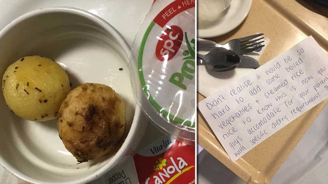 Two potatoes, a fruit cup, a bread roll and some apple juice were provided as a vegan meal, one patient claims. They left a note explaining their disappointment. Pictures: Supplied