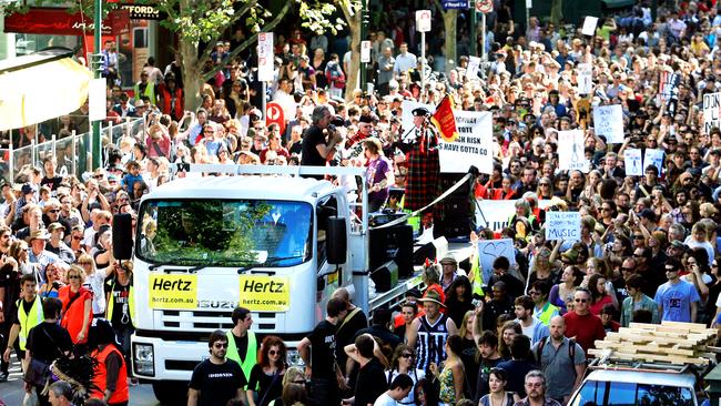  Protesters supported by Australian artists take part in Save Live Australian Music protest rally and march through the streets of CBD in Melbourne. 