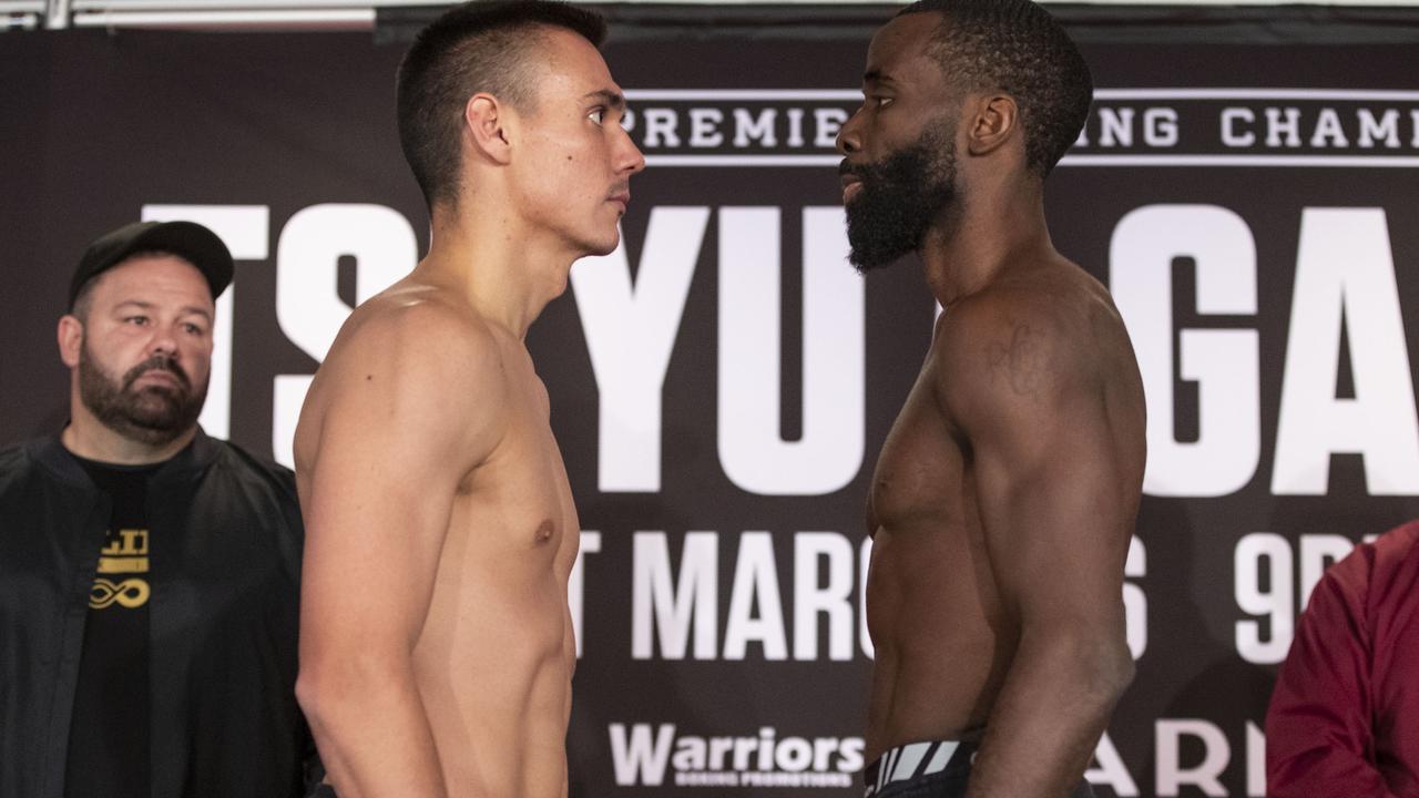 Tim Tszyu and Terrell Gausha face off at their weigh-in before Saturday's fight. Photo courtesy of No Limit Boxing.