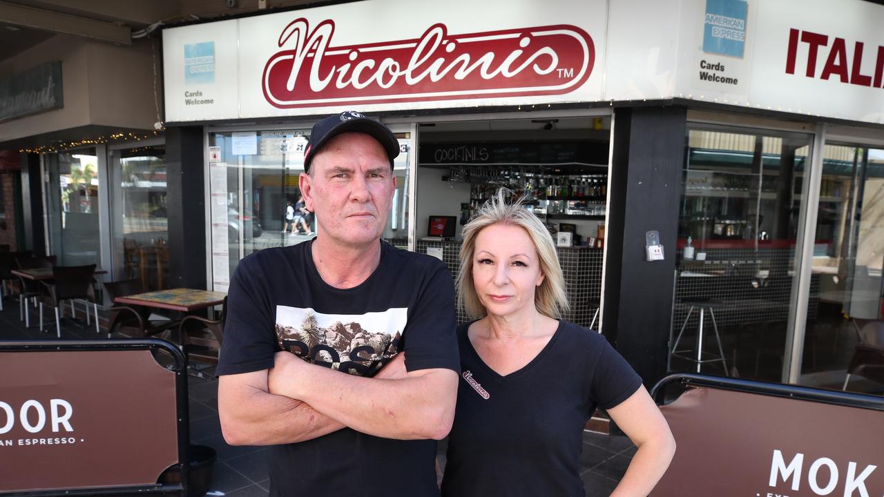 Nicolinis Surfers Paradise owners Murray and Helen Taylor have blamed the drunk antics of Schoolies attendees on their loss of business. Picture: Glenn Hampson