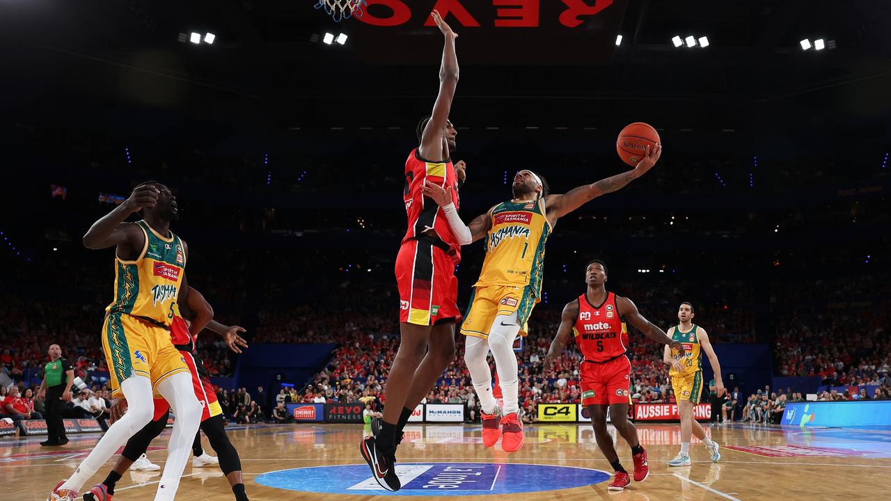 Alex Sarr blocks Jordon Crawford in the NBL opening round in Perth. Picture: Getty