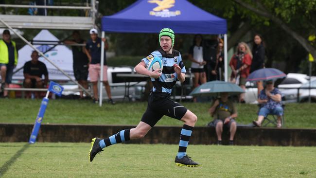 Day 1 of the King of the Country junior rugby union tournament at the Gold Coast Eagles Rugby Union Club.Maroochydore Swans (BLUE AND BLACK) vs USQ Saints (Blue ) Maroochydore Player No USQ Player No Pic Mike Batterham